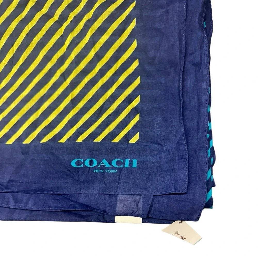 Coach New York XL Geometric Striped Scarf Wrap 68x46 Cotton Silk Blue NWT